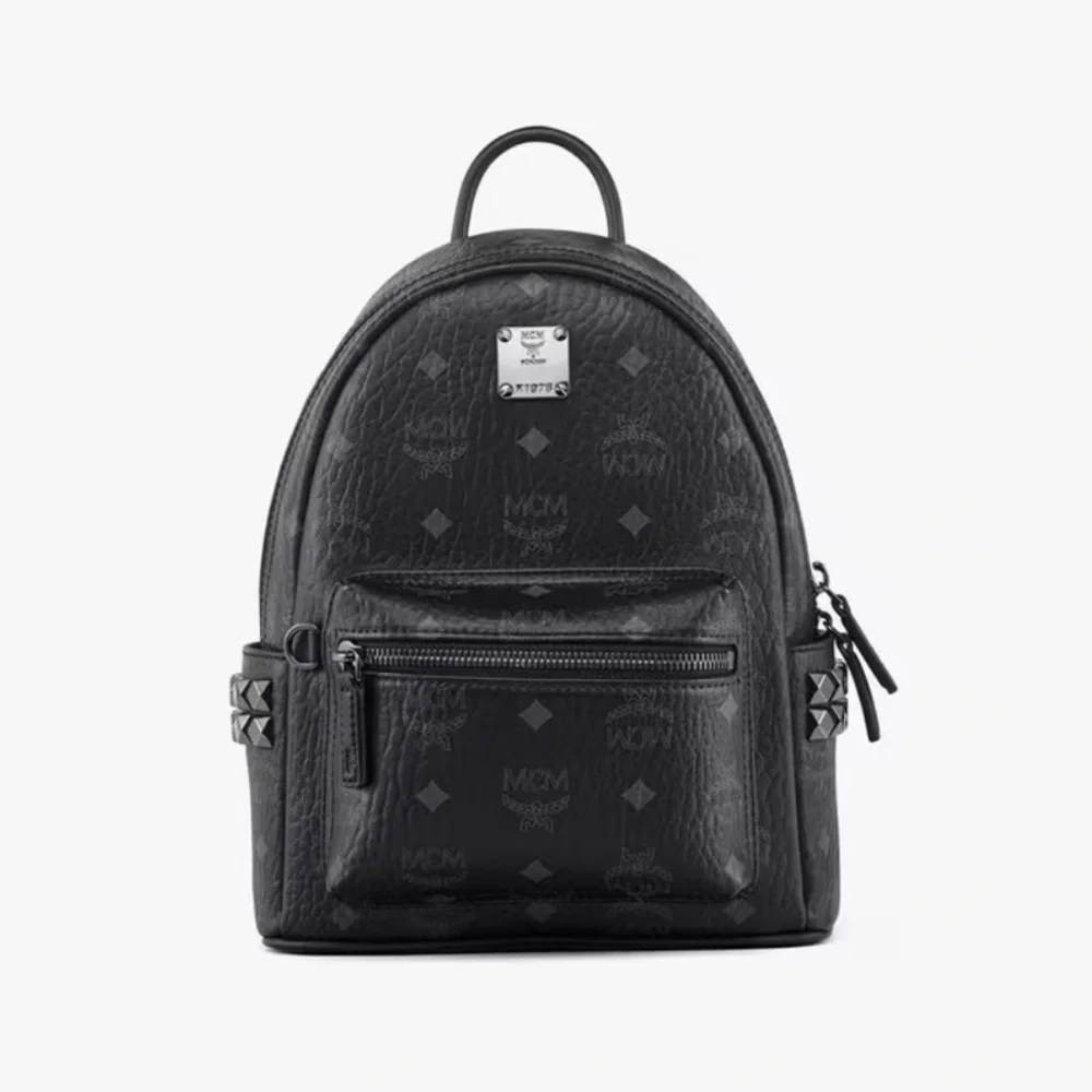MCM Stark Monogram Logo Black Visetos Canvas Leather Small Studded Backpack